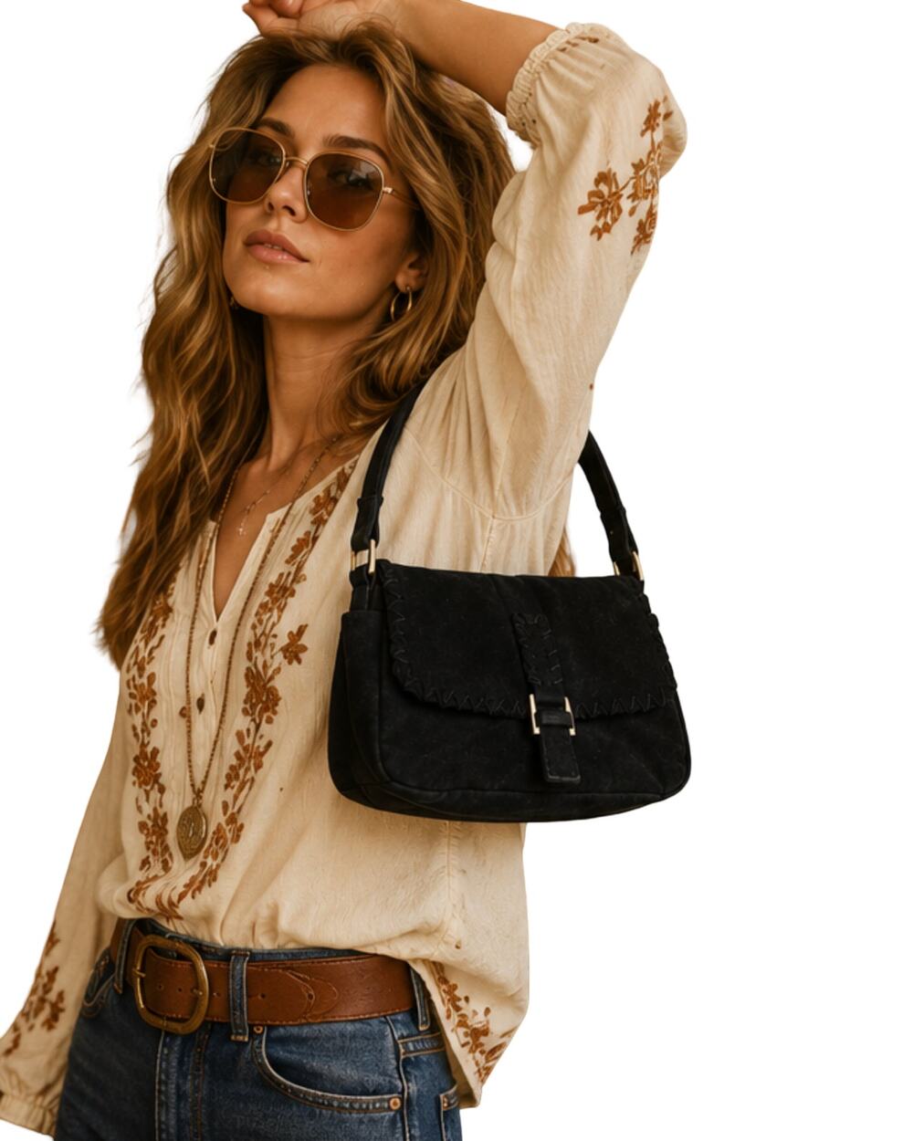 Liz Claiborne Purse Black Faux Suede Boho Shoulder Bag Whipstitch Flap Y2K Hobo